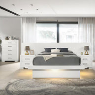 White Finish Platform Bed w/ Built-in Lighting