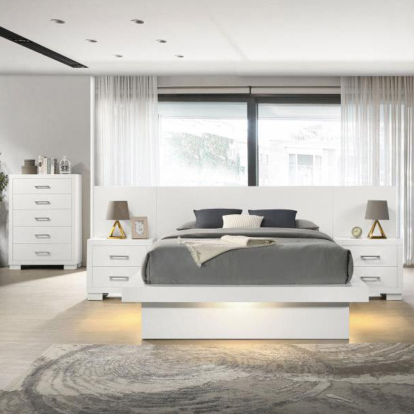 White Finish Platform Bed w/ Built-in Lighting