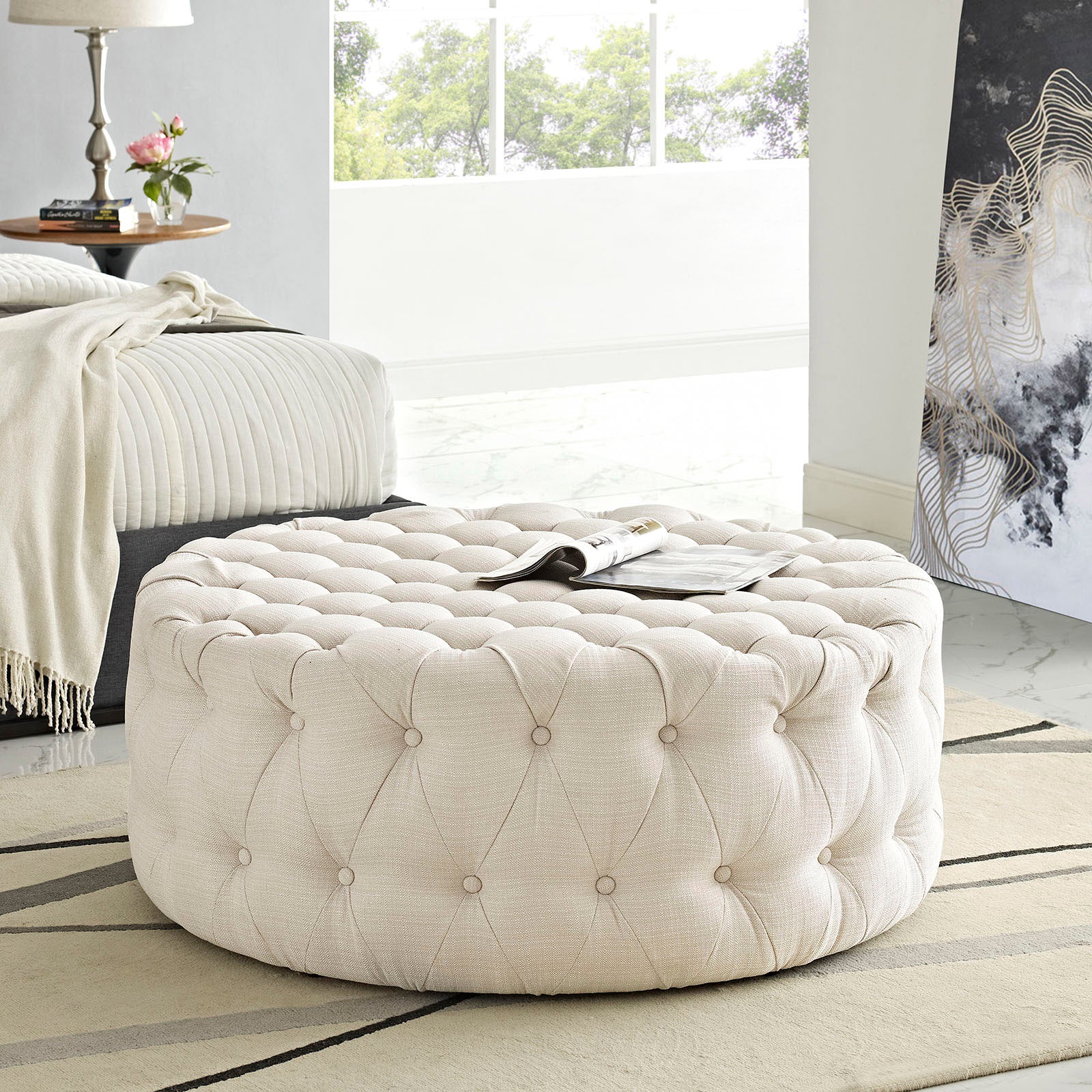 Round Upholstered Tufted Ottoman