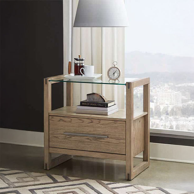 Gray Oak & Glass Nightstand