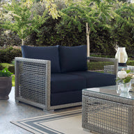 Gray & Navy Outdoor Wicker Rattan Loveseat