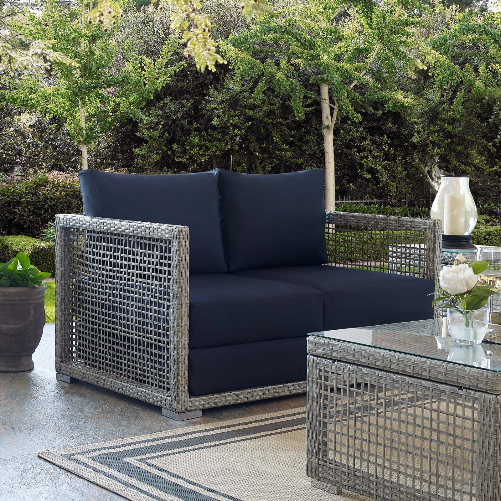 Gray & Navy Outdoor Wicker Rattan Loveseat
