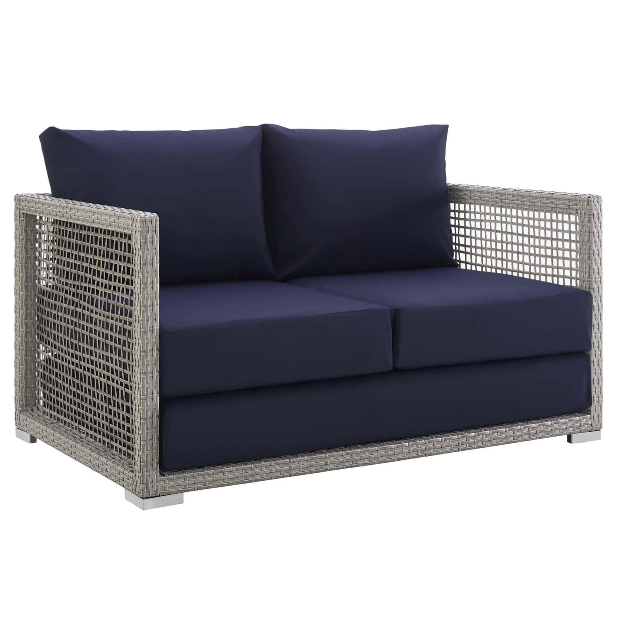 Gray & Navy Outdoor Wicker Rattan Loveseat