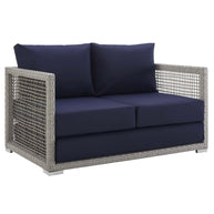 Gray & Navy Outdoor Wicker Rattan Loveseat