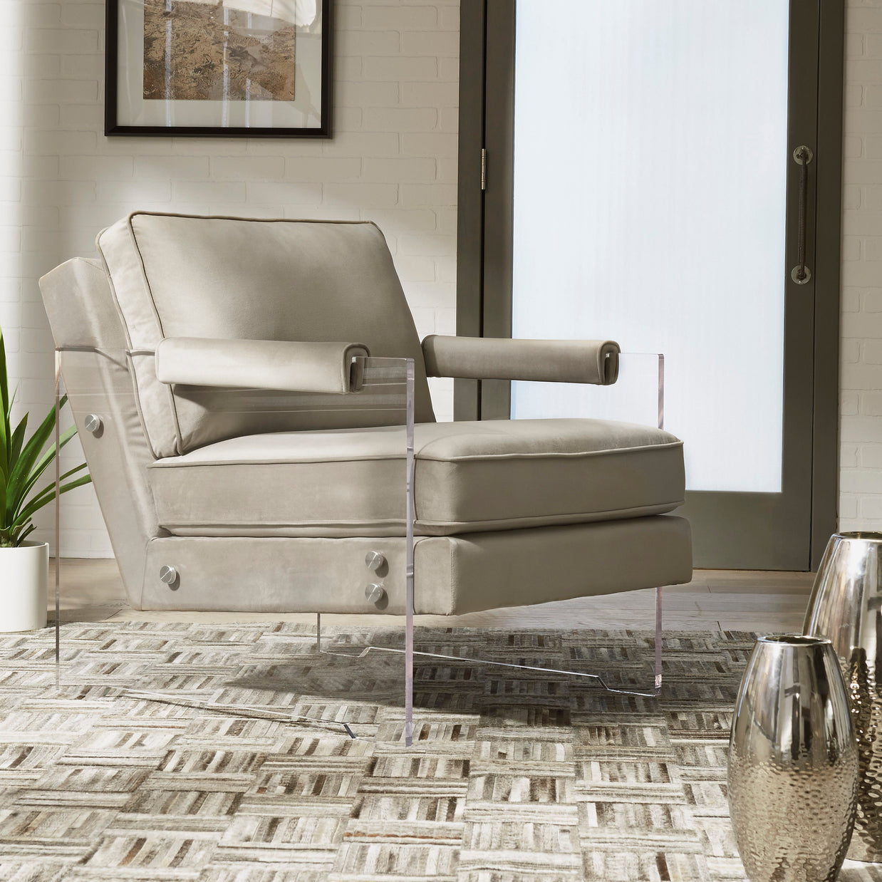 Acrylic & Taupe Micro Velvet Accent Chair