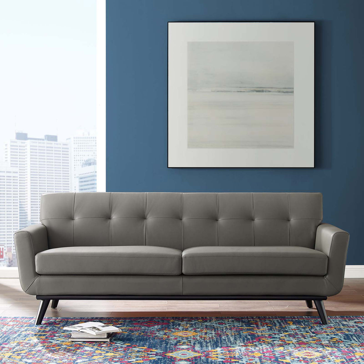 Top-Grain Leather Mid-Century Modern Style Sofa