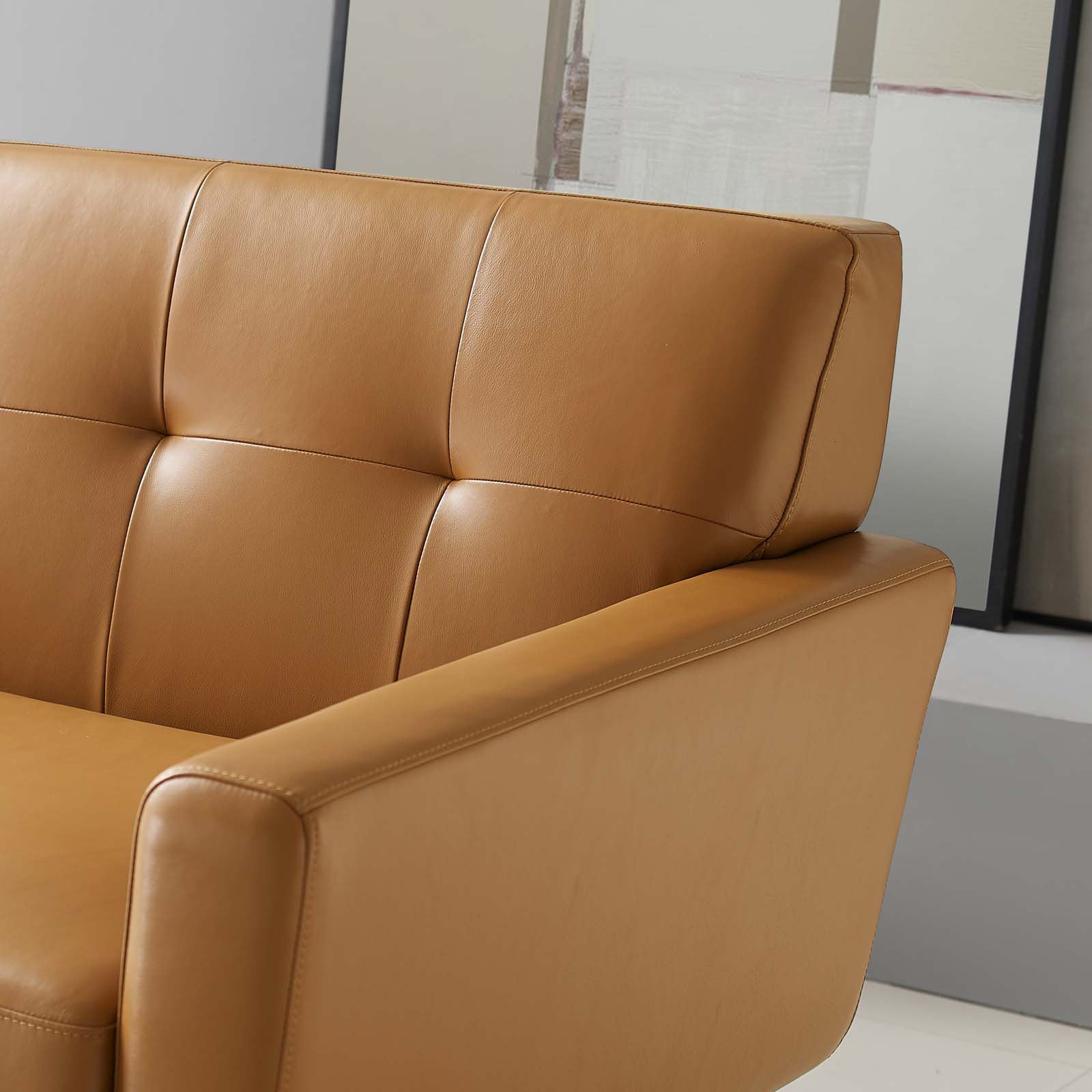 Top-Grain Leather Mid-Century Modern Style Sofa