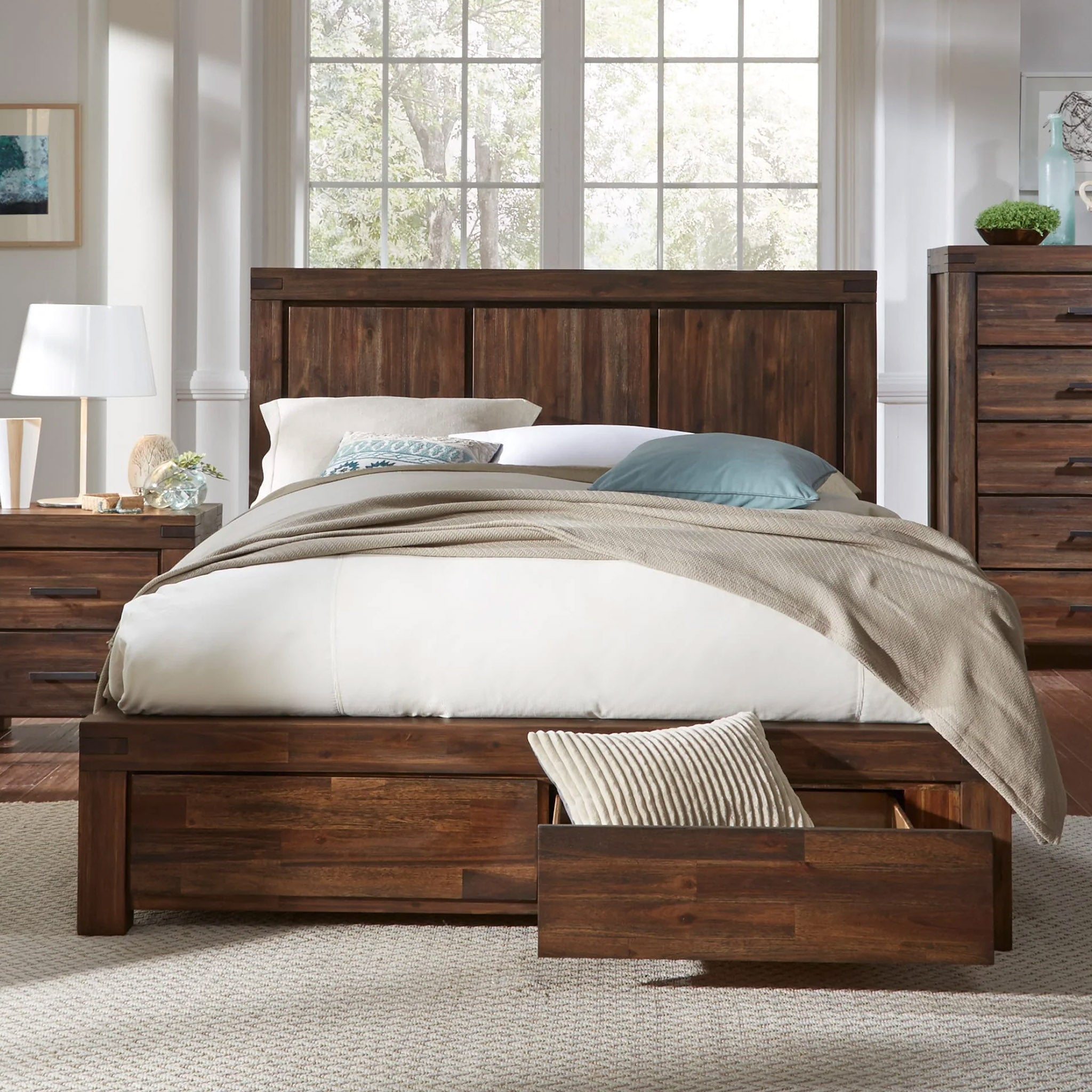 Solid brown acacia wood storage bed
