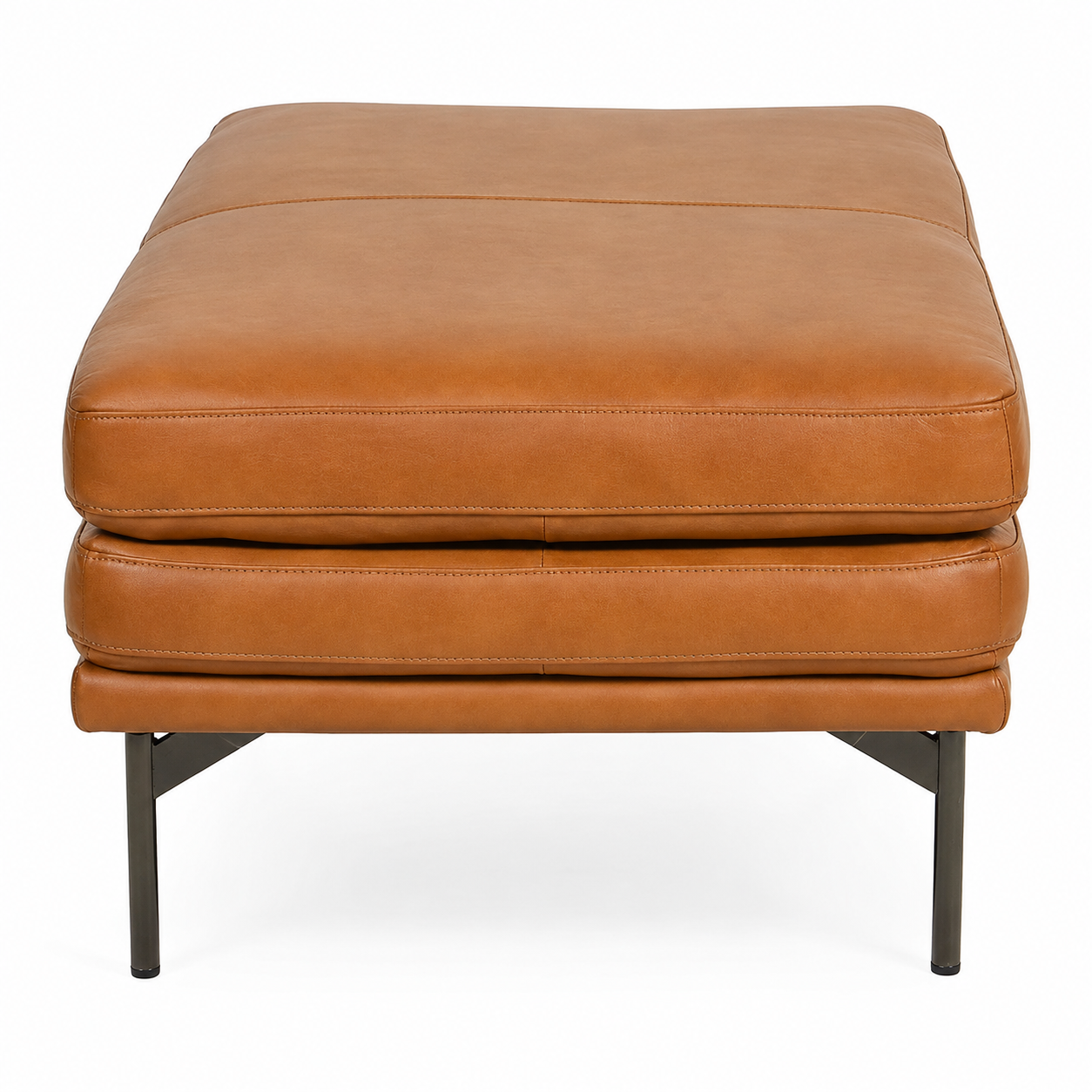 Contemporary Tan Top-Grain Leather Ottoman
