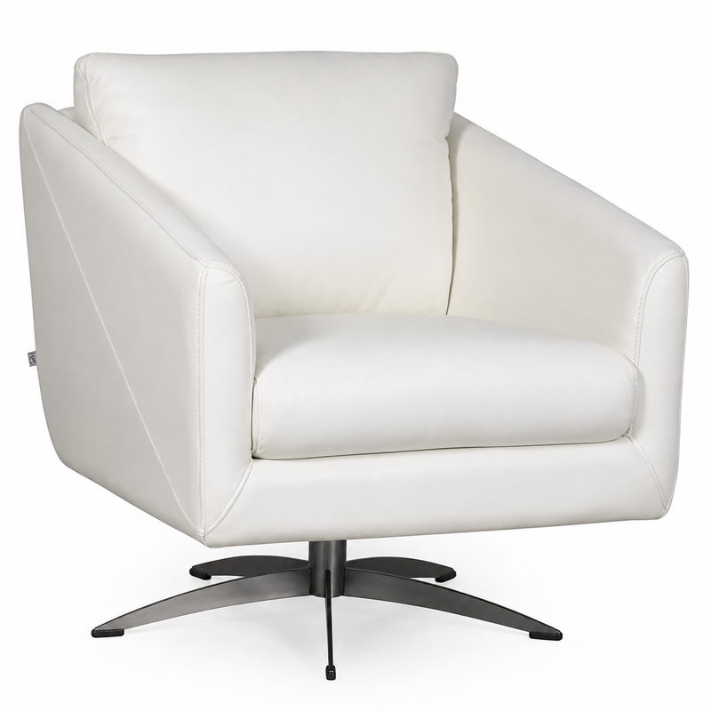 Italian Leather White Swivel Accent Chair with Metal Base