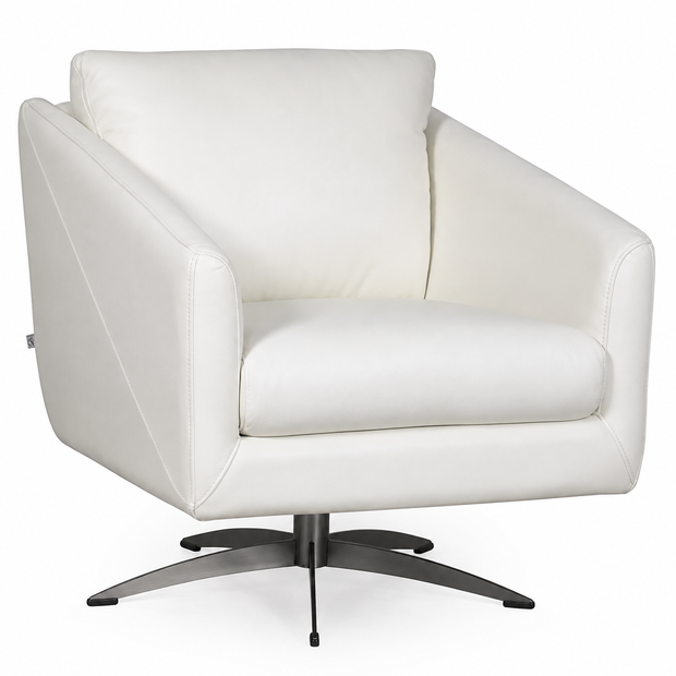 Italian Leather White Swivel Accent Chair with Metal Base
