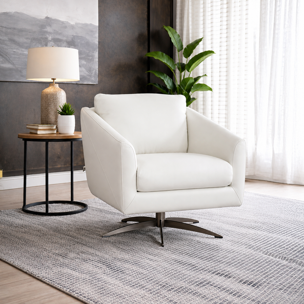 Italian Leather White Swivel Accent Chair with Metal Base