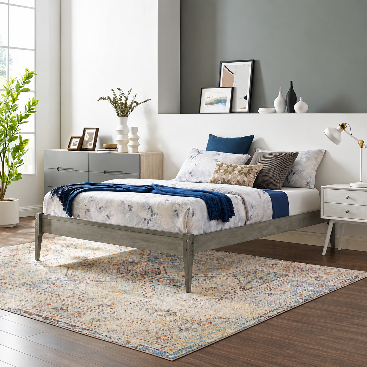 Gray Wood Platform Bed Frame