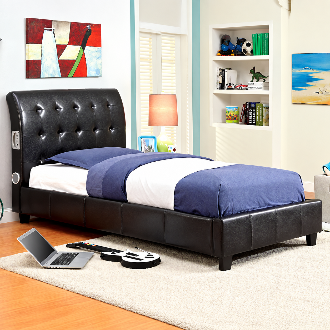 Black Twin Upholstered Bluetooth Speaker Bed