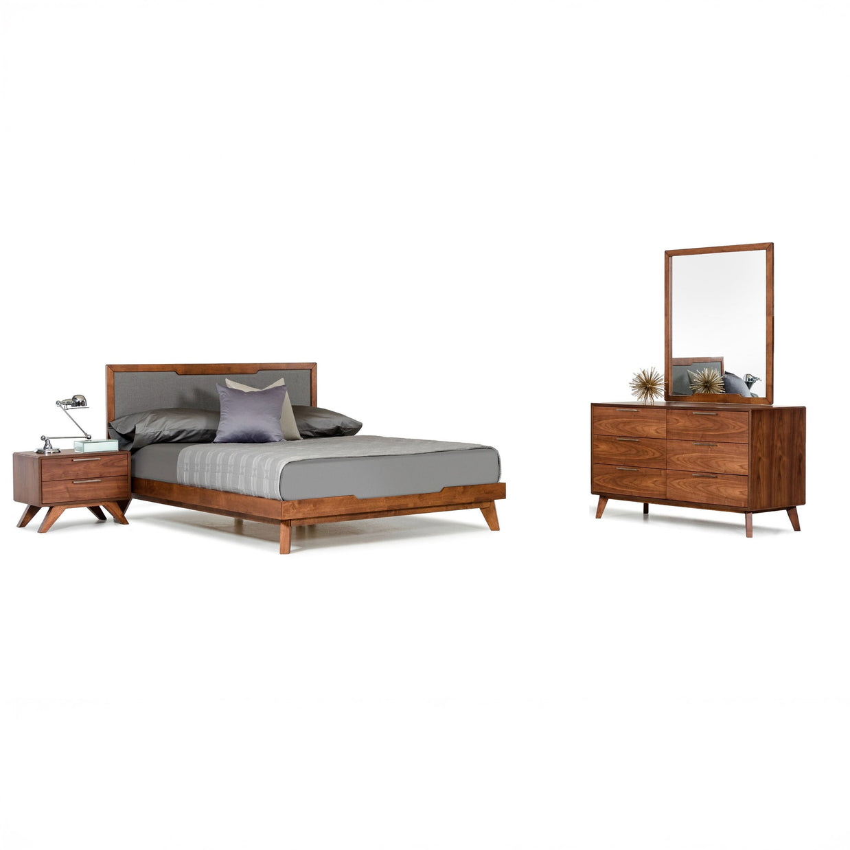 Queen Walnut & Gray Mid-Century 5 PC Bedroom Set
