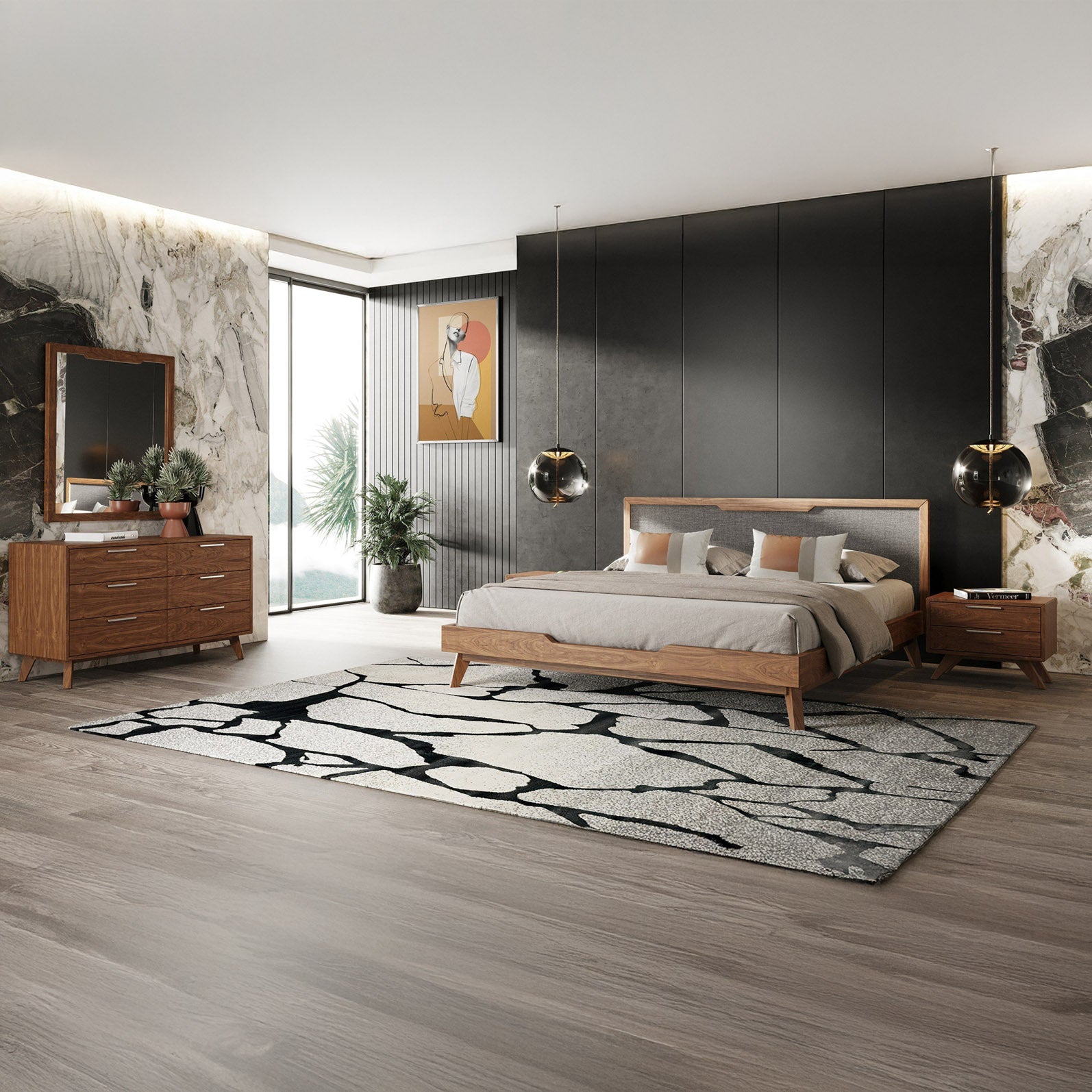 Queen Walnut & Gray Mid-Century 5 PC Bedroom Set