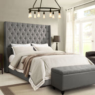 Gray Upholstered Button Tufted Velvet Bed