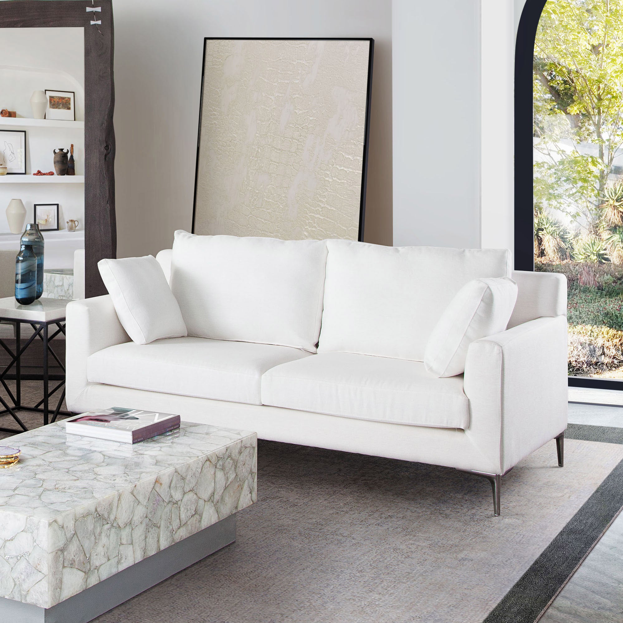 Contemporary White Linen Loveseat