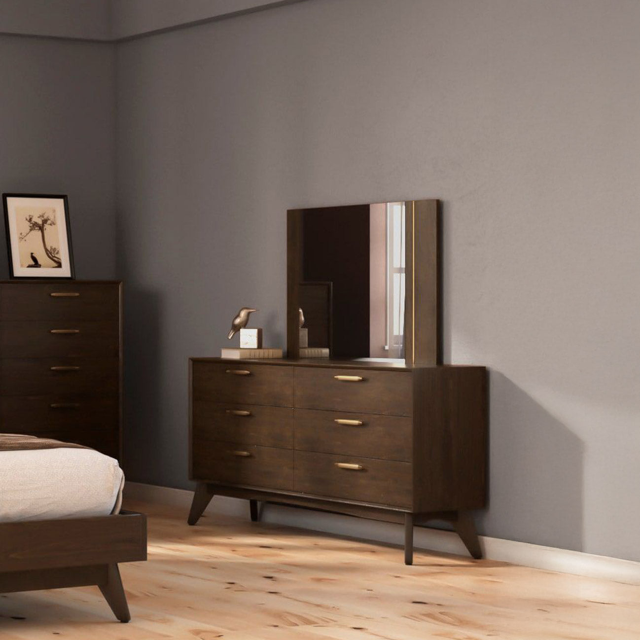 Dark Oak & Antique Brass Dresser Mirror