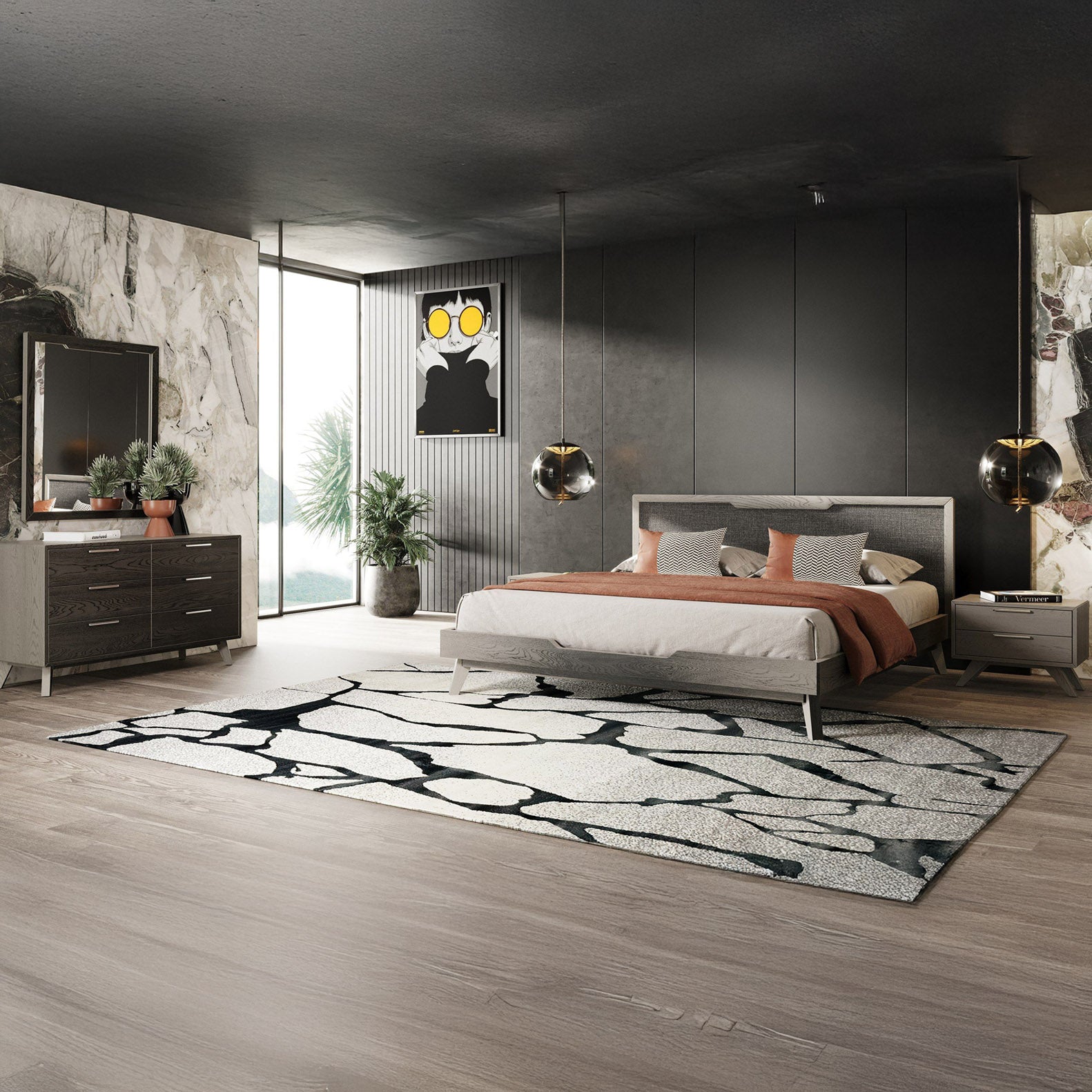 Queen Gray Mid-Century 5 PC Bedroom Set