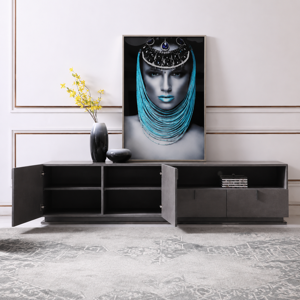 Gray Crackle Lacquer Finish TV Stand