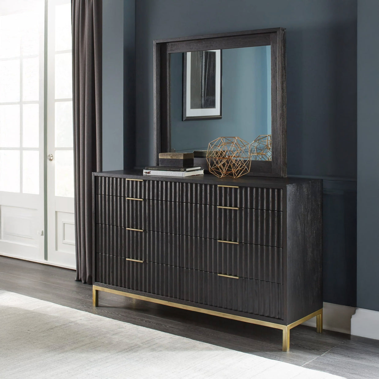 Modern Black Oak & Brass Dresser