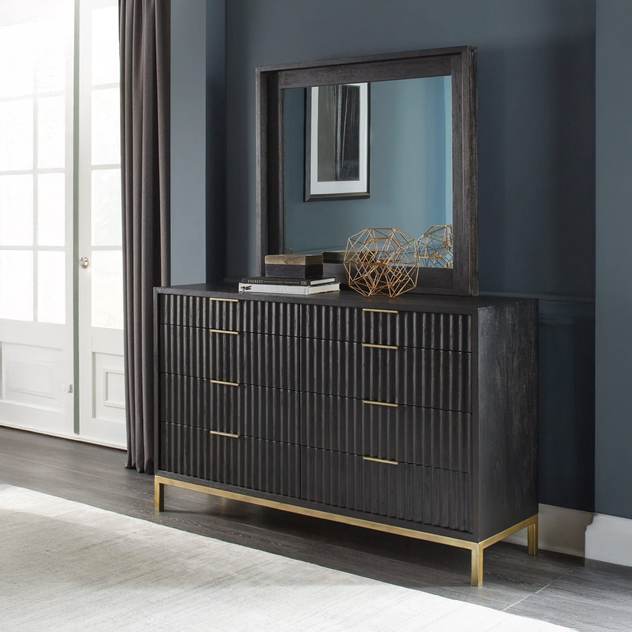 Modern Black Oak & Brass Dresser