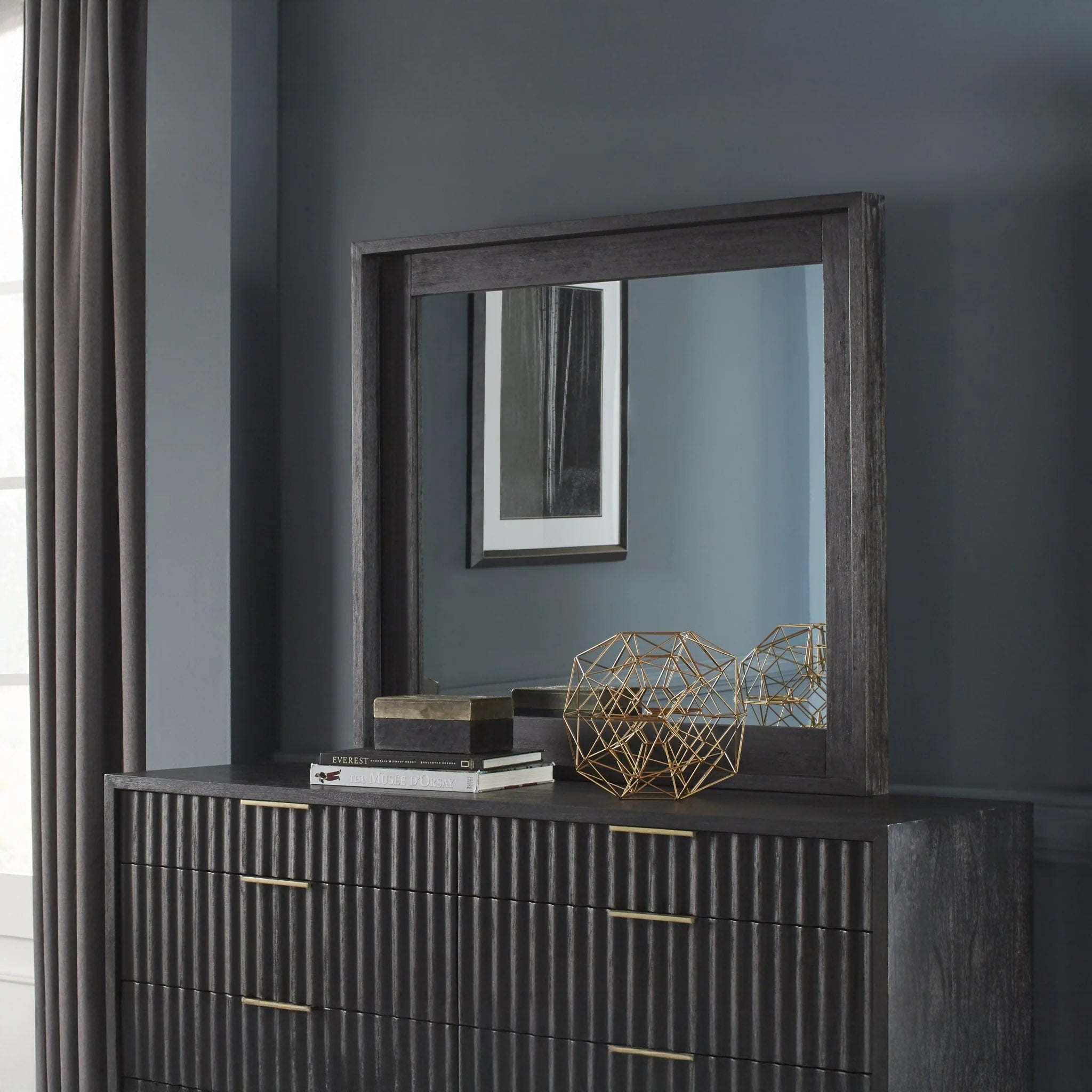 Modern Black Oak & Brass Dresser Mirror