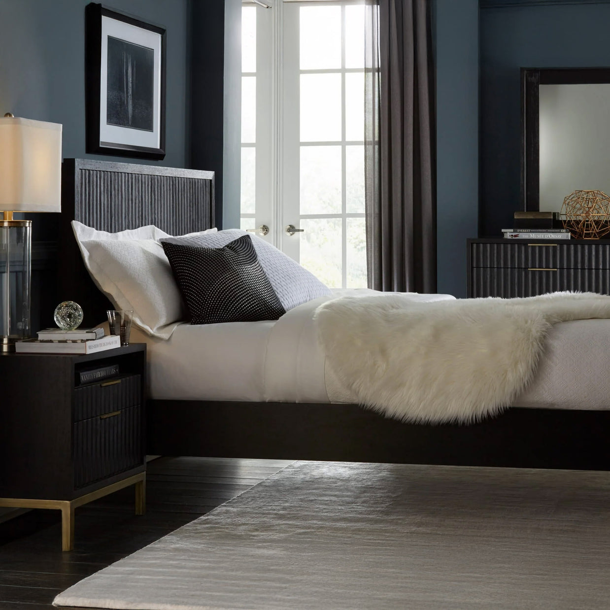 Modern Black Oak & Brass Bed Frame