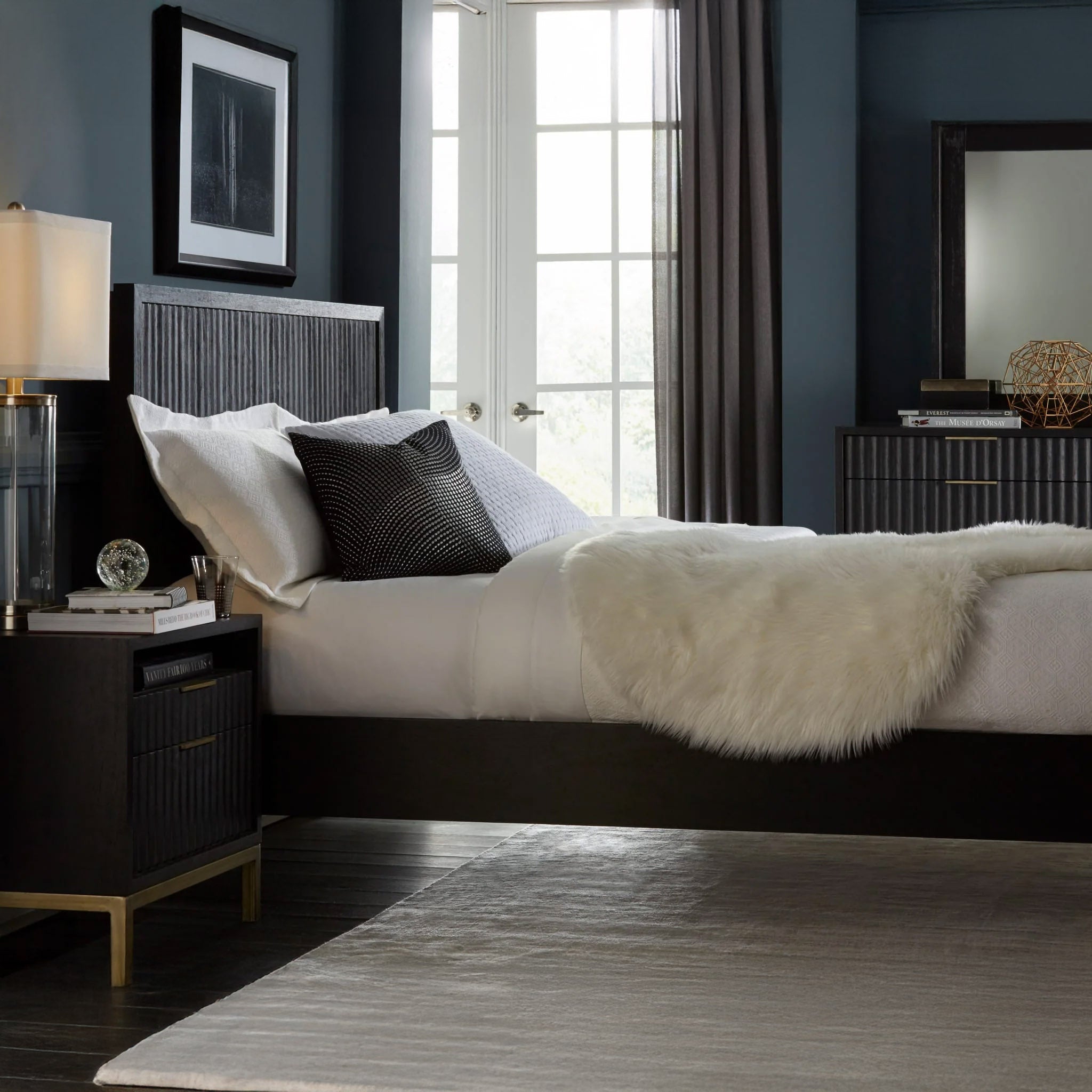 Modern Black Oak & Brass Bed Frame