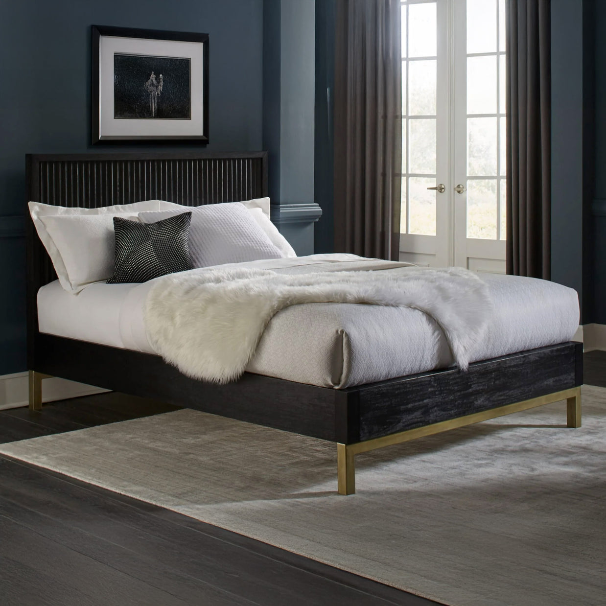 Modern Black Oak & Brass Bed Frame