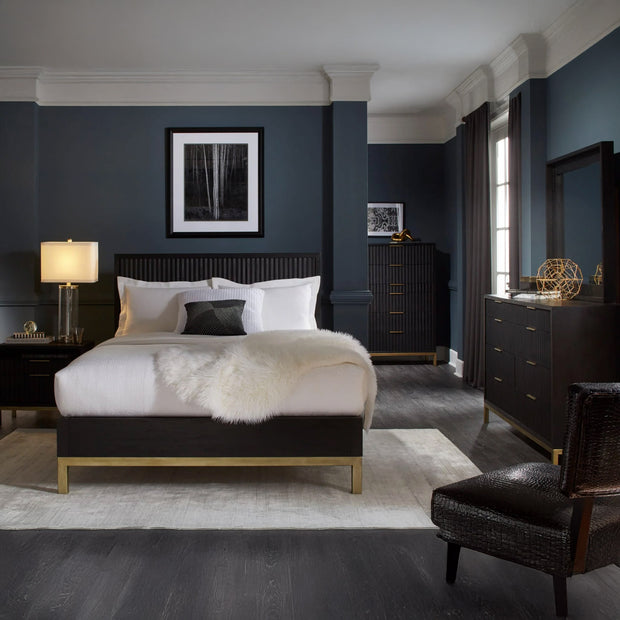 Modern Queen Black Oak & Brass 5 PC Bedroom Set