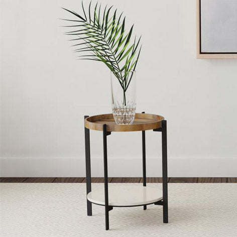 Round Marble & Wood Accent Table