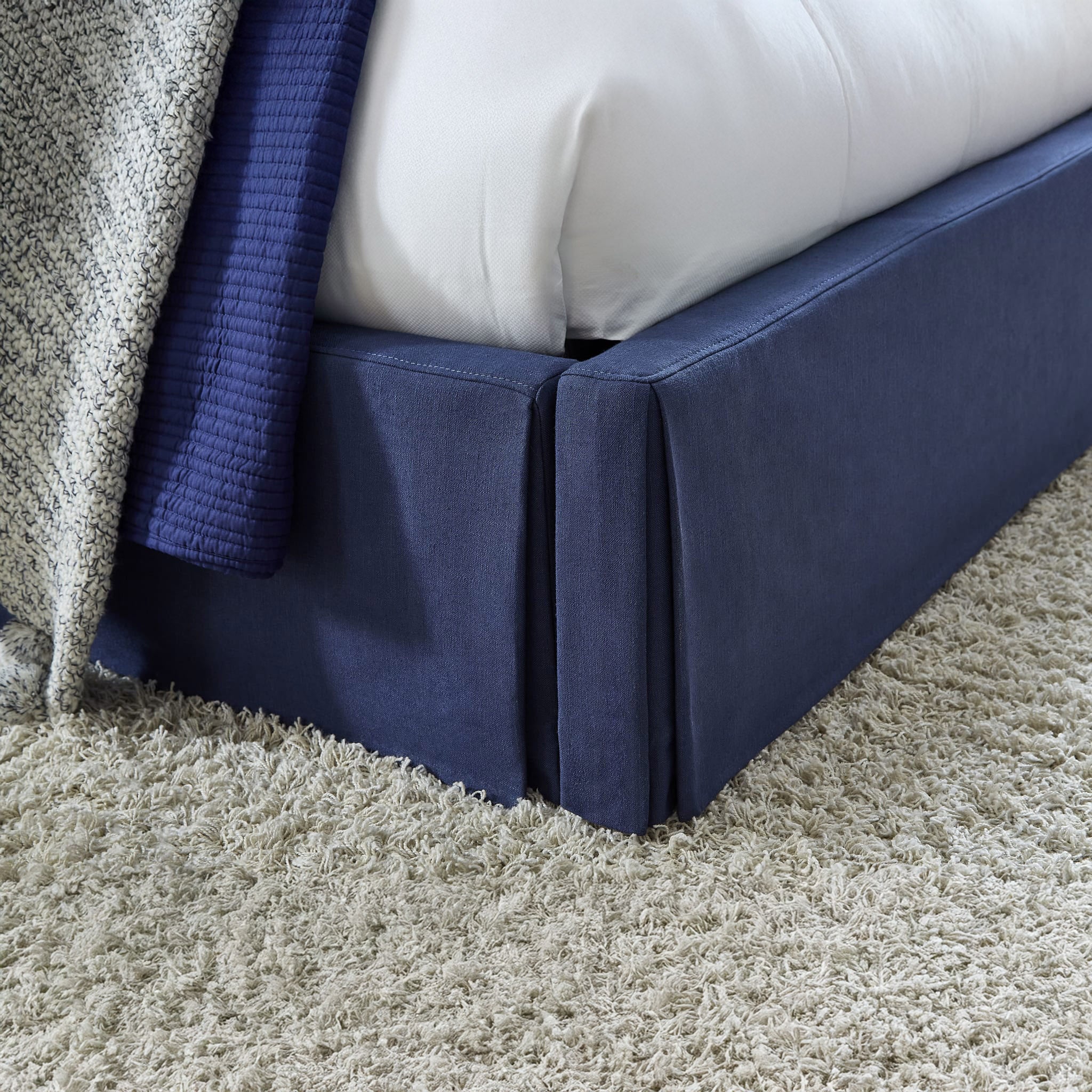 Navy Upholstered Skirt Platform Bedframe w/ Storage Option
