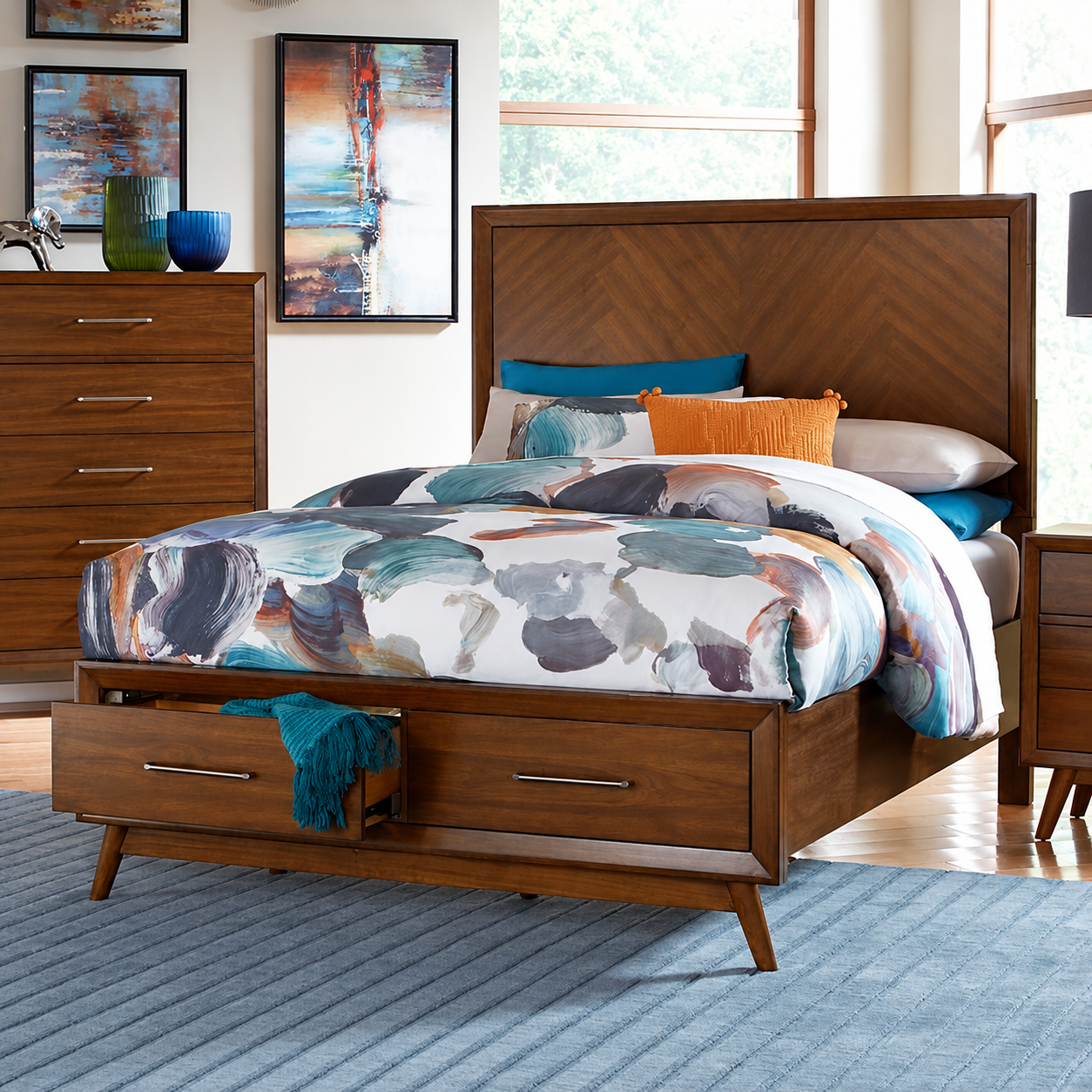 Wood Storage Bed with Chevron Headboard