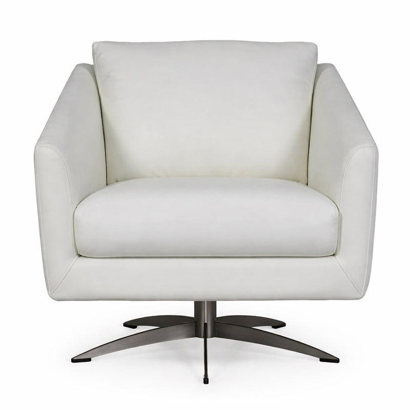 Italian Leather White Swivel Accent Chair with Metal Base