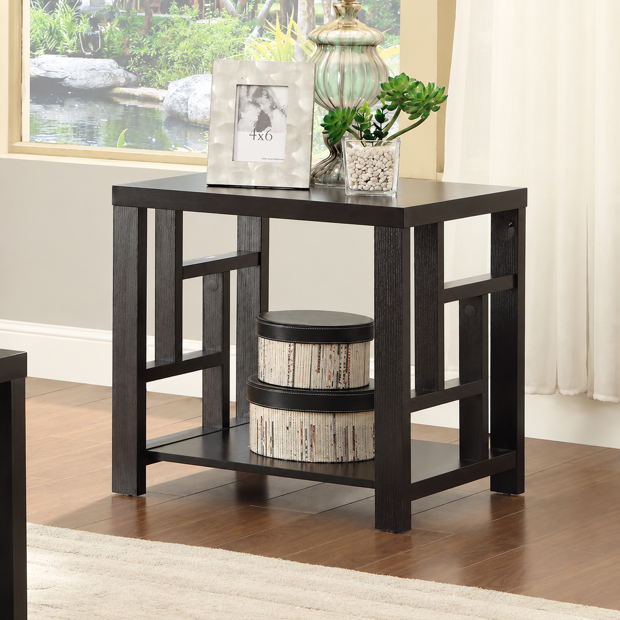 Geometric Wood End Table with Open Shelf