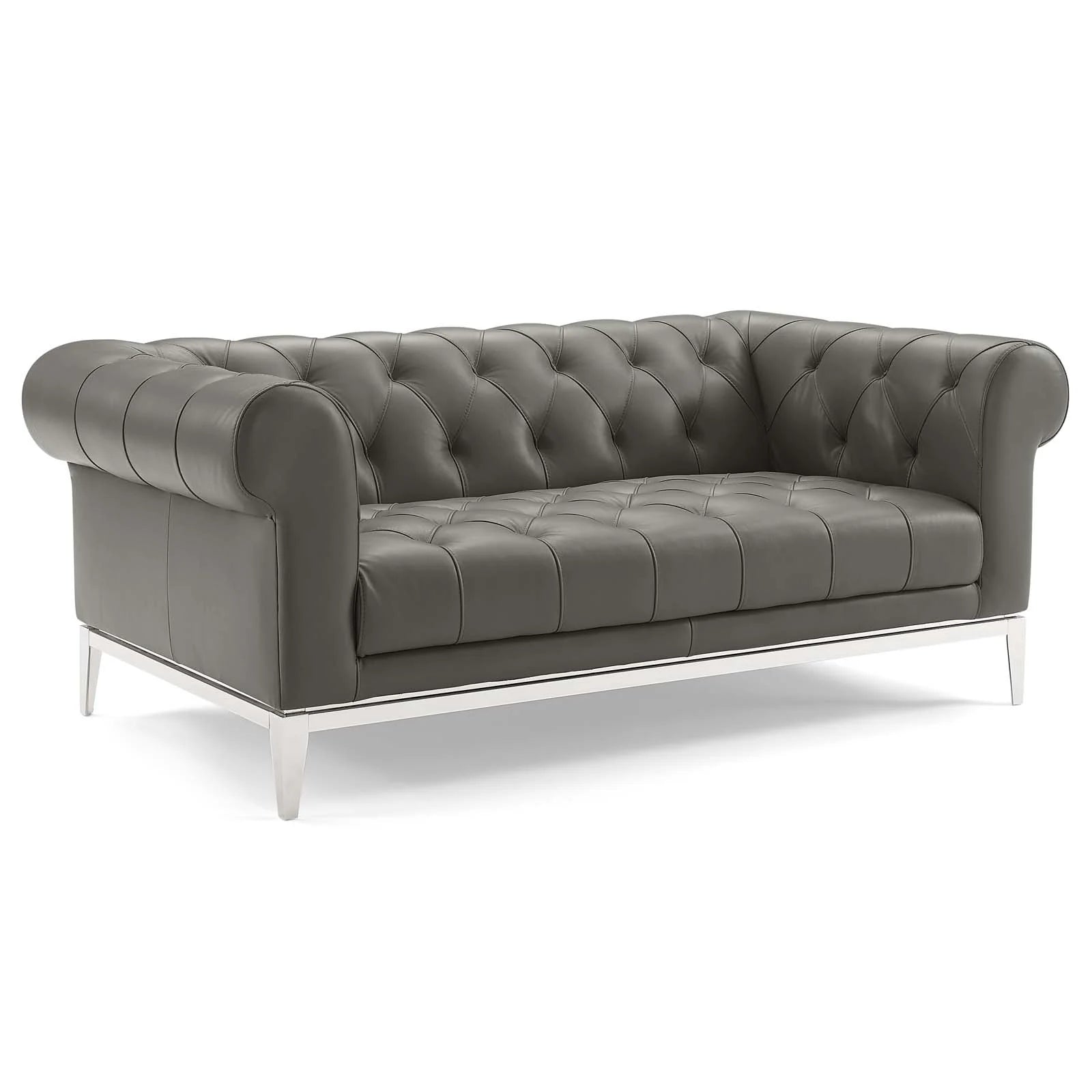 Tufted Gray Leather Loveseat