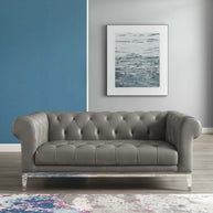 Tufted Gray Leather Loveseat