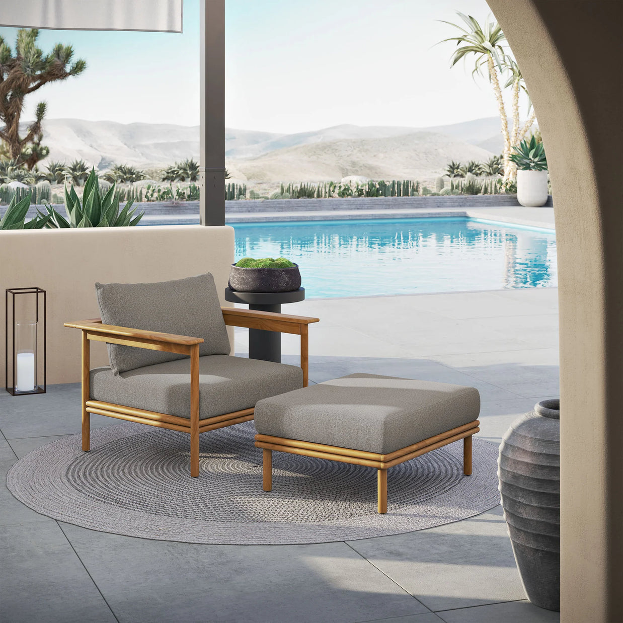 Modern Outdoor Teak Lounge Chair and Ottoman Set