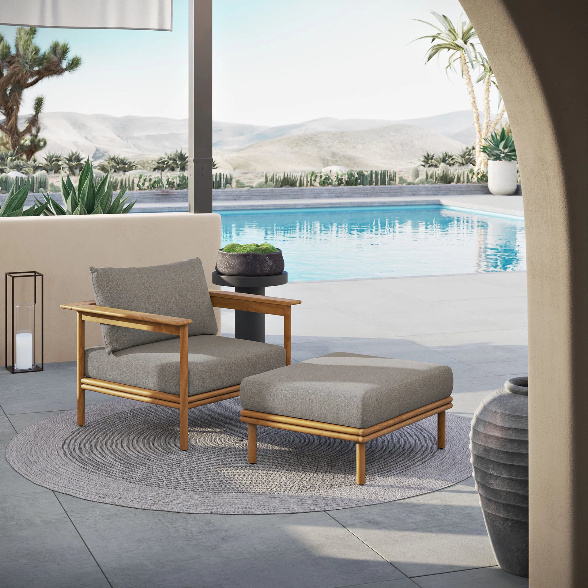 Modern Outdoor Teak Lounge Chair and Ottoman Set