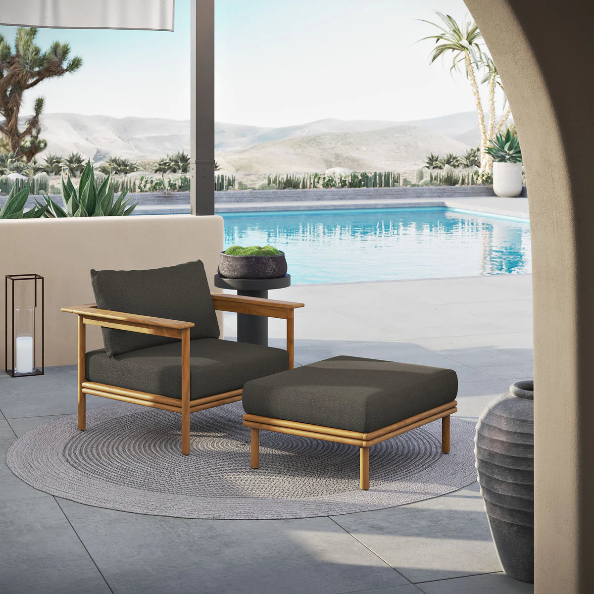 Modern Outdoor Teak Lounge Chair and Ottoman Set