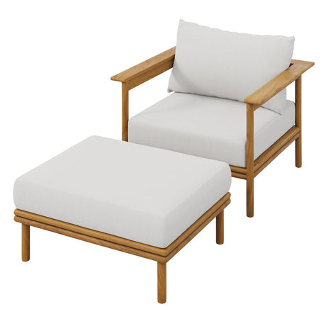 Modern Outdoor Teak Lounge Chair and Ottoman Set