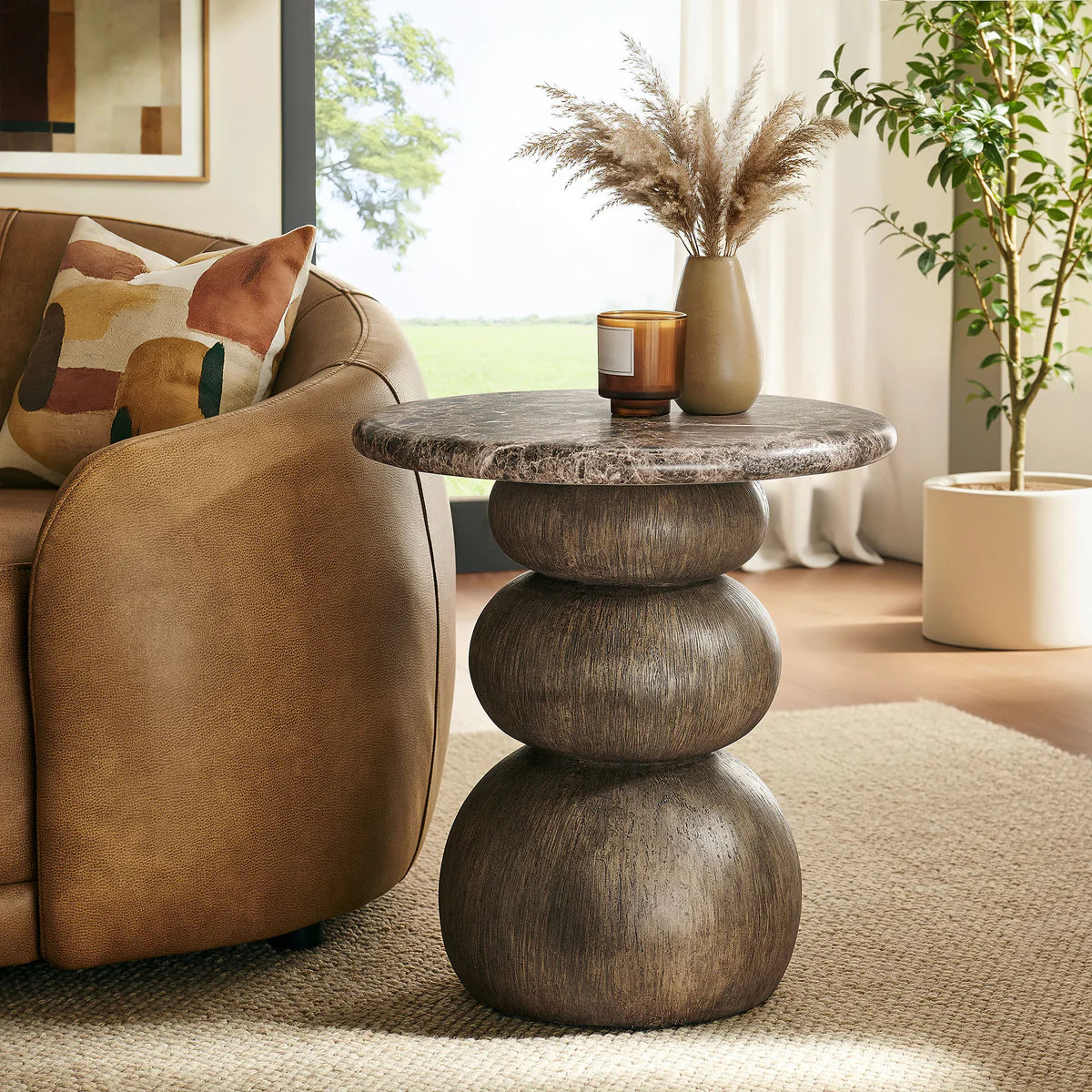 Indoor / Outdoor Round Faux Emperador Marble End Table