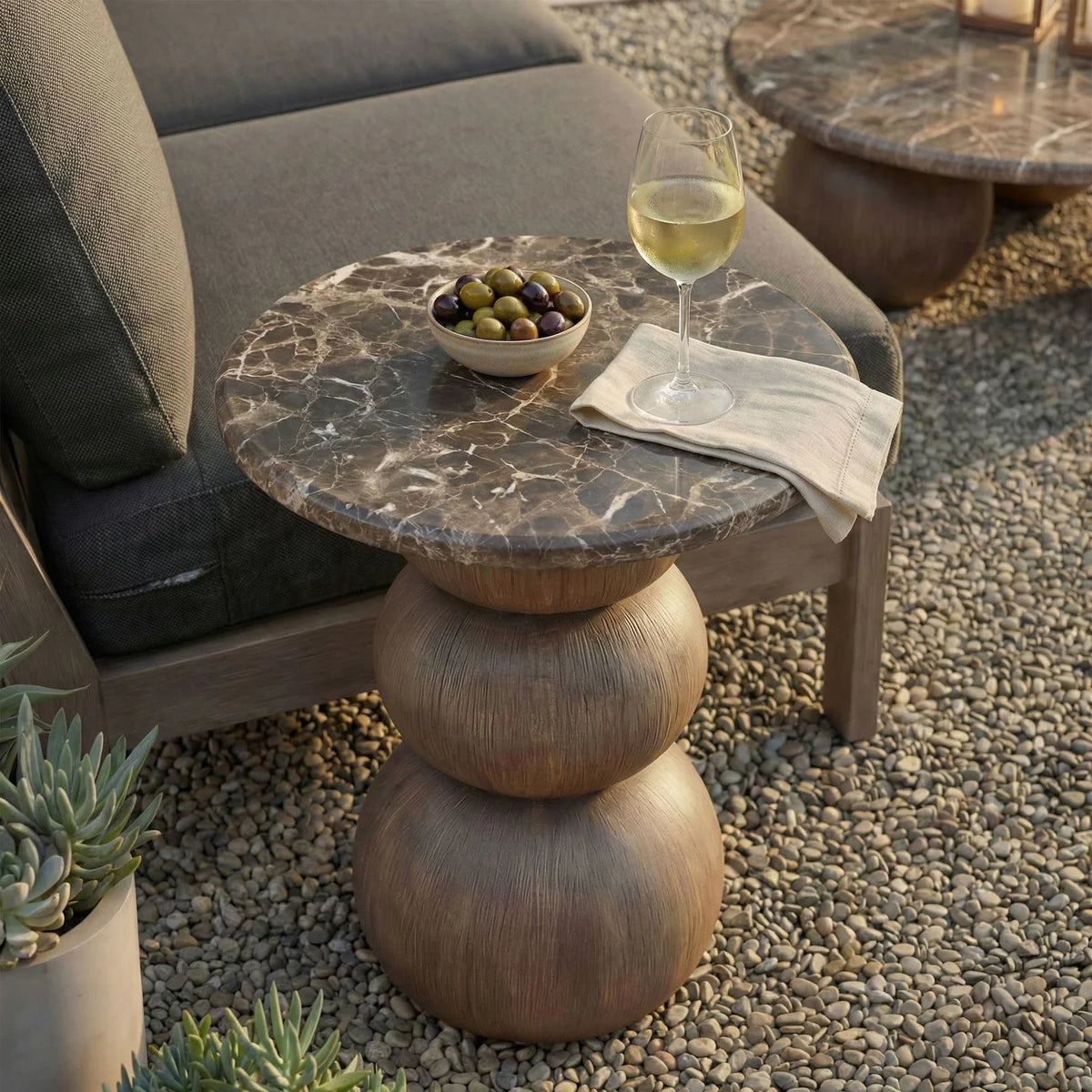 Indoor / Outdoor Round Faux Emperador Marble End Table