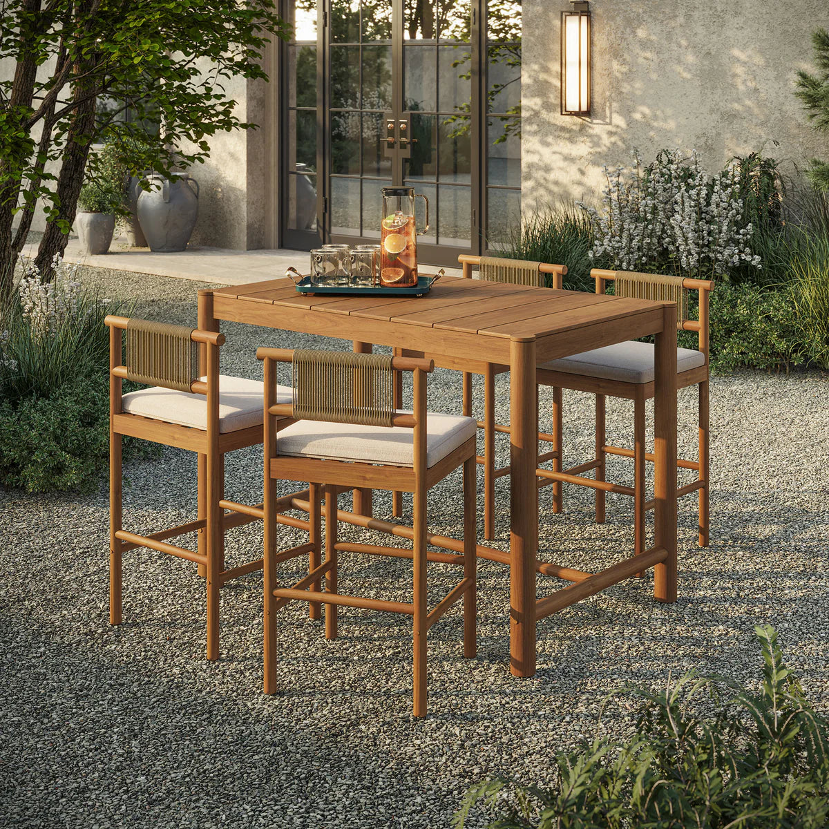 5-Piece Outdoor Teak Wood Bar Dining Set