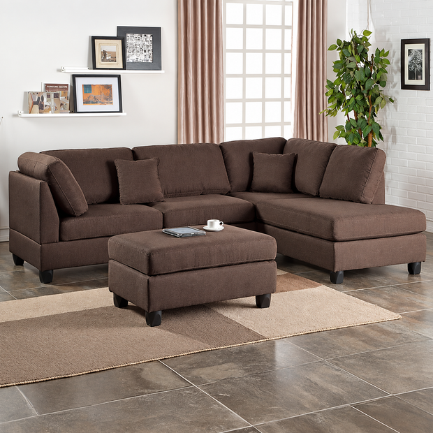 Brown Reversible Chaise Sectional Sofa with Ottoman