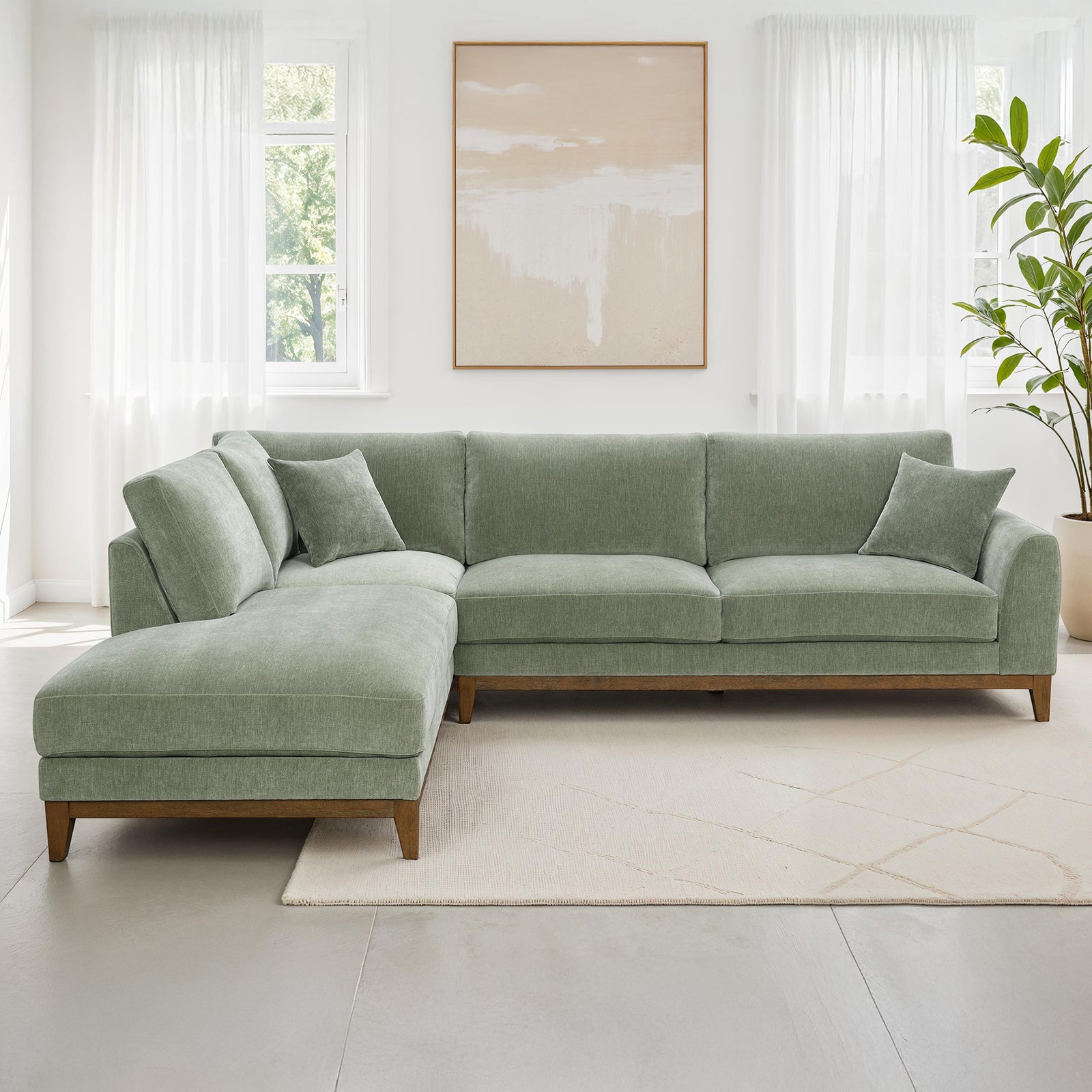 Mid-Century Modern Olive Green Chenille Sectional