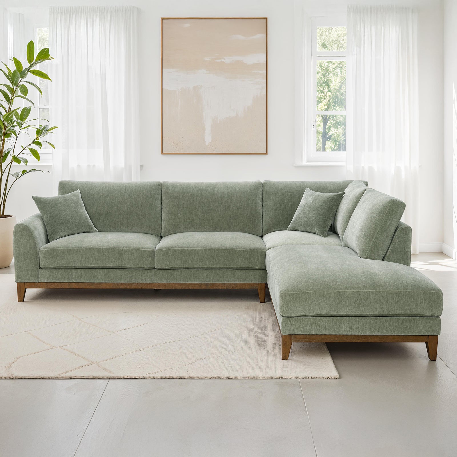 Mid-Century Modern Olive Green Chenille Sectional