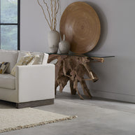 Solid Teak Root Glass Top Console Table